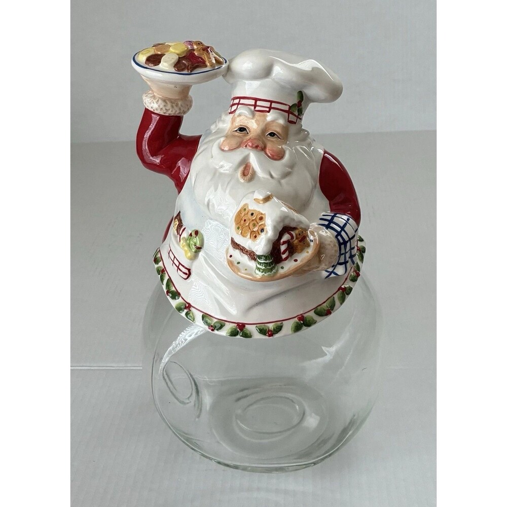Santa Claus Cookie Jar With Clear Glass Base And Ceramic Santa On Top 12” Tall